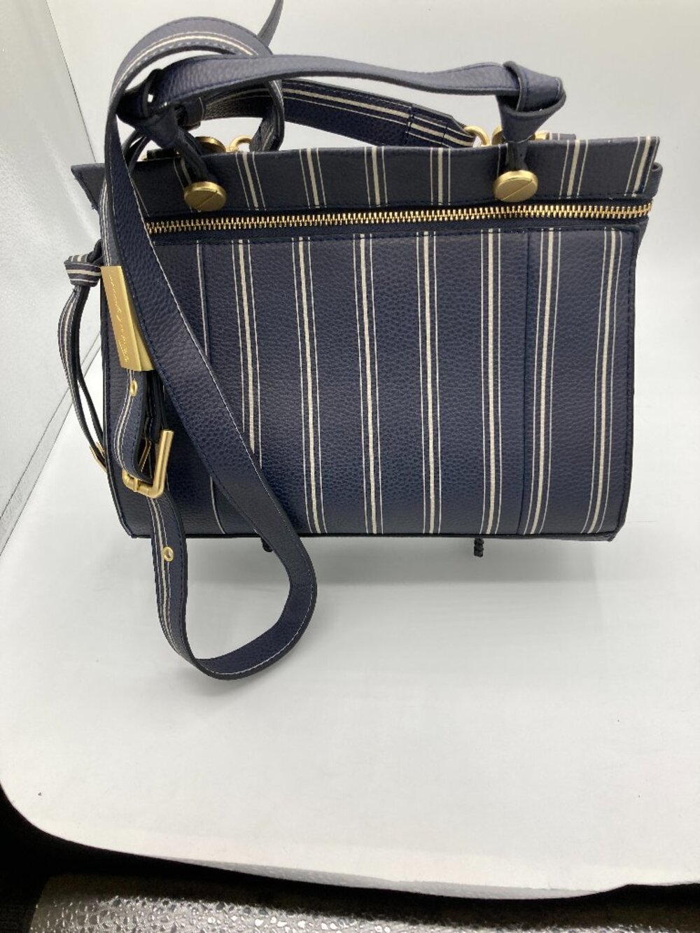 Foley + Corinna Navy and White Stripe Leather Shoulder Bag